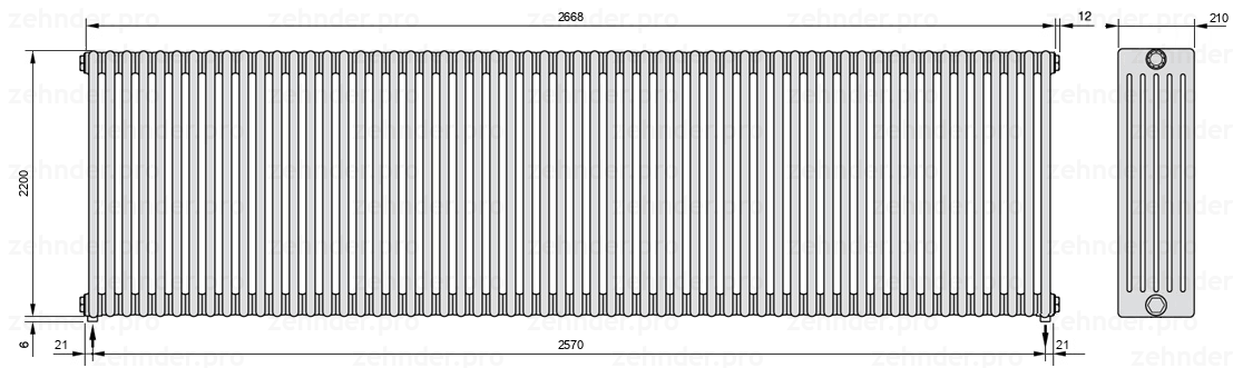 Схема (чертеж) Радиатор Zehnder Charleston 6220/58 №5310 Белый глянцевый RAL 9016